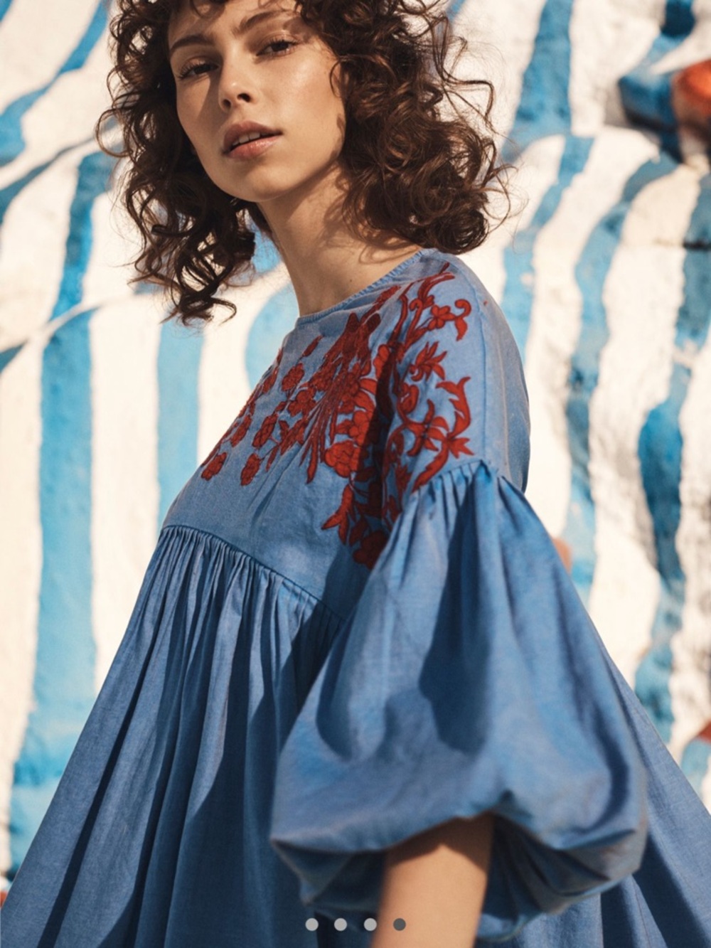 HEMANT & NANDITA Sky Blue Tunic with Red Floral Embroidery